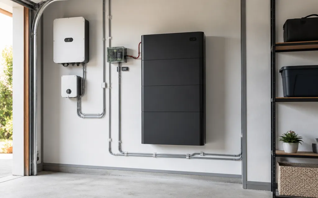 Batterie de stockage solaire fixée au mur d’un local technique de maison individuelle