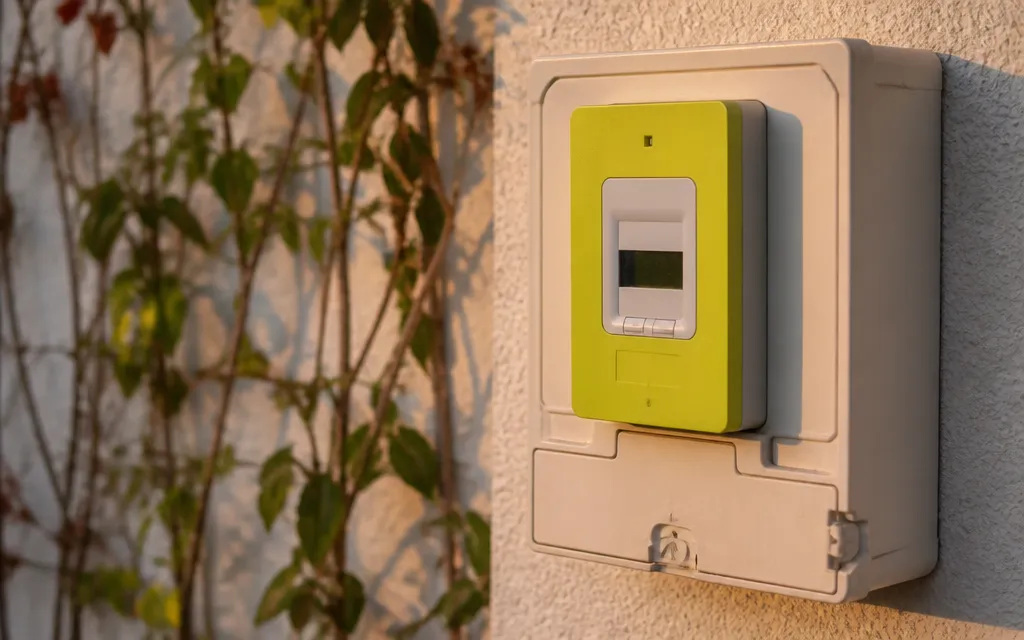 Compteur Linky posé sur une façade crépie méditerranéenne, point d’injection du surplus