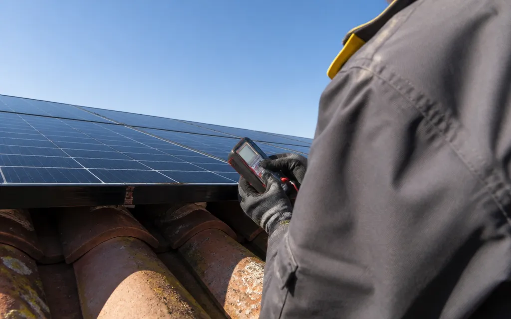 Technicien en contrôle d’entretien sur un panneau solaire, appareil de mesure en main
